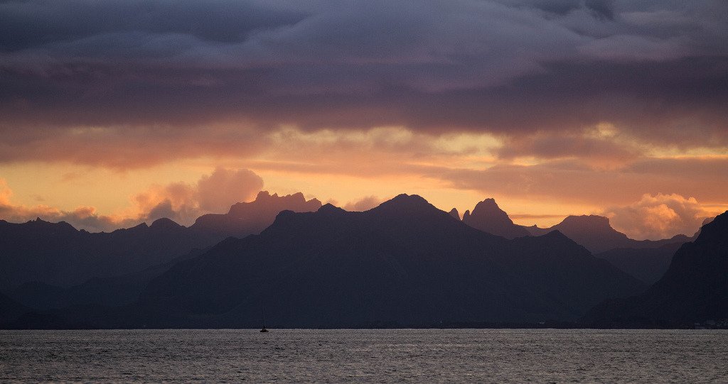 Sailboat in Lofoten sunset,