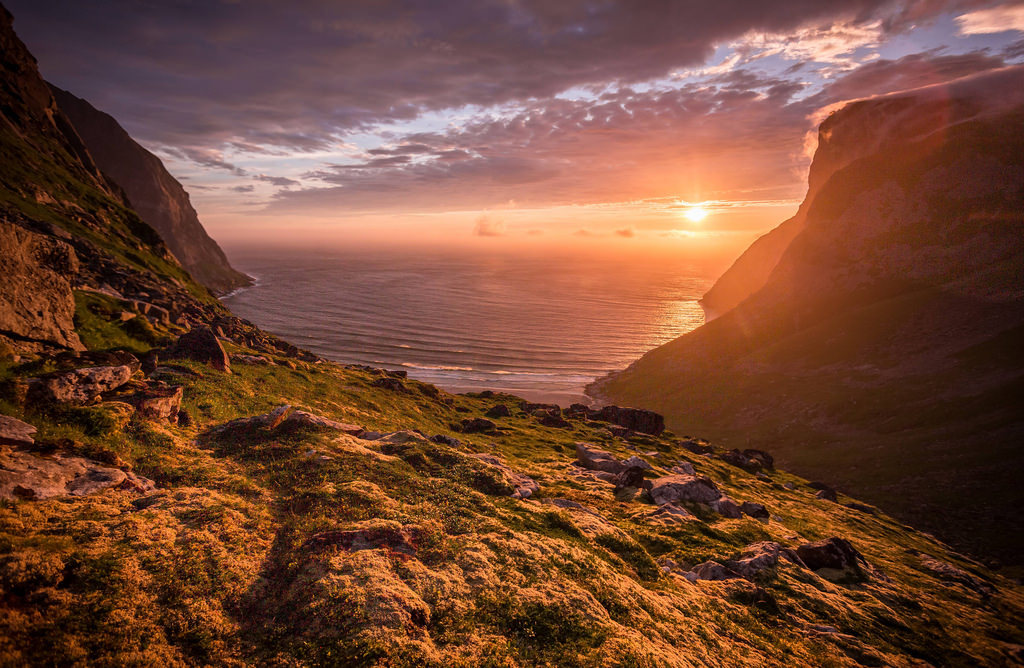 Sunset over Kvalvika Beach,