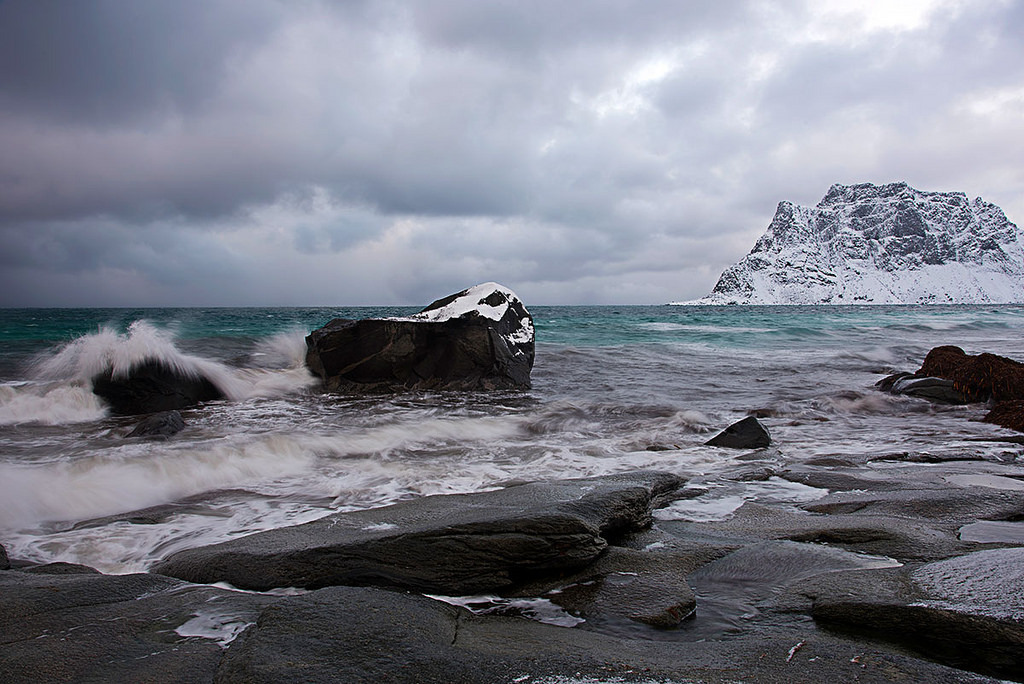 Utakleiv Beach in winter by