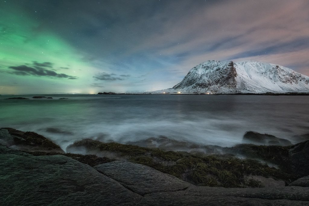 Aurora, moonlight and a lit